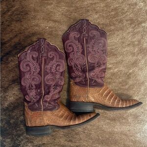 Lucchese Tan/Burgundy Caiman (Croc) Women’s Cowboy Boots